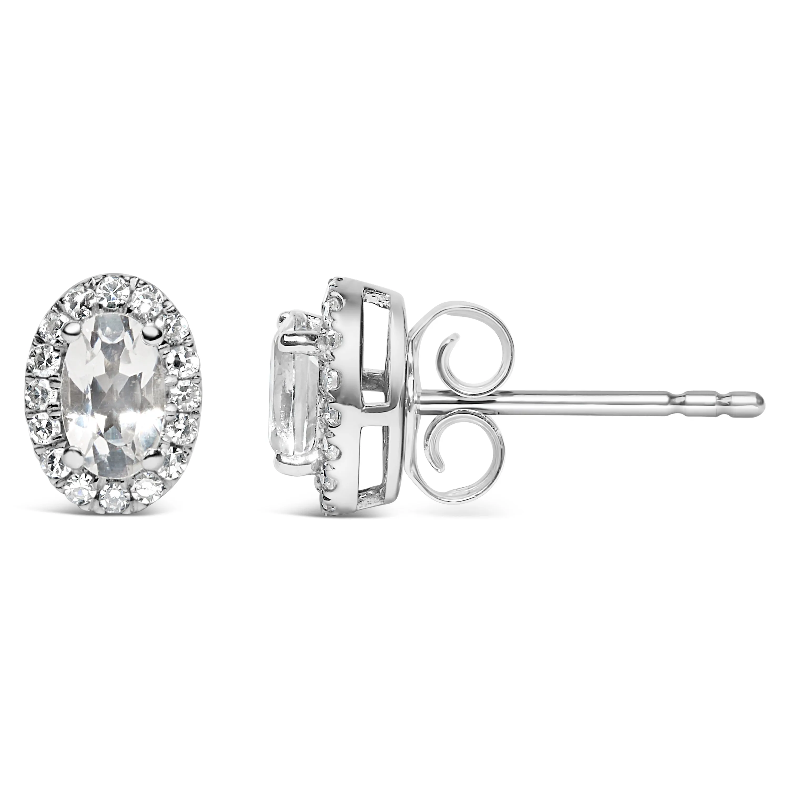 10K White Gold 5x3 MM Oval Cut Birthstone and Diamond Halo Stud Earrings