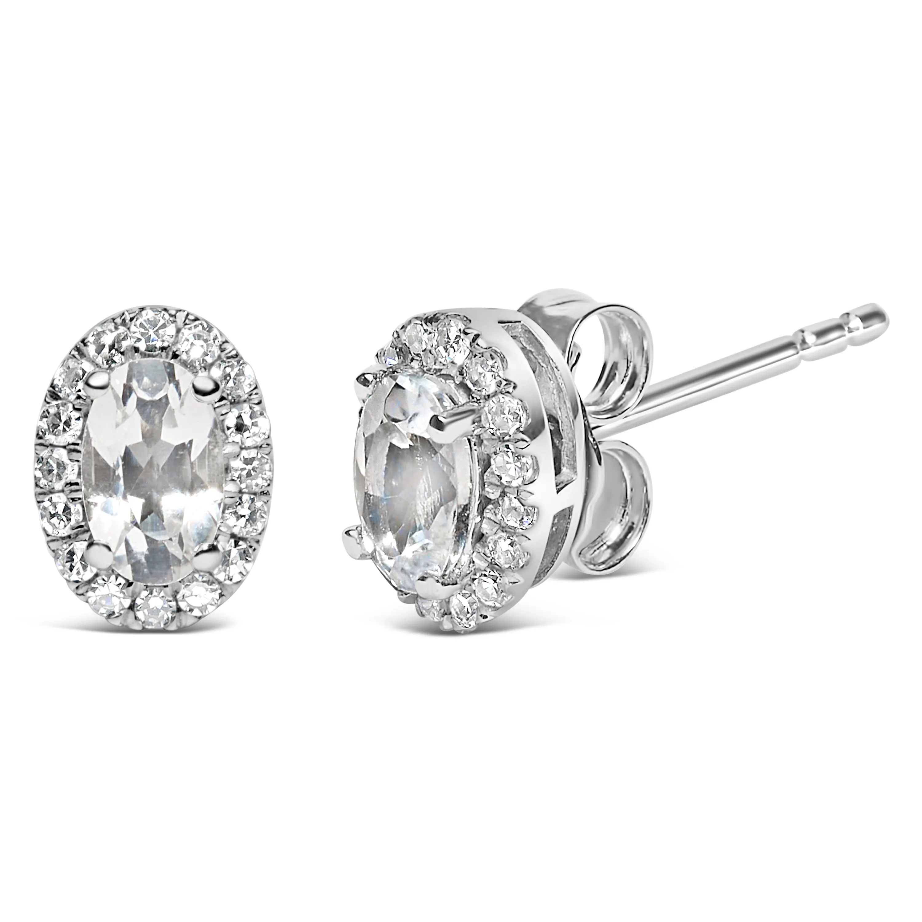 10K White Gold 5x3 MM Oval Cut Birthstone and Diamond Halo Stud Earrings