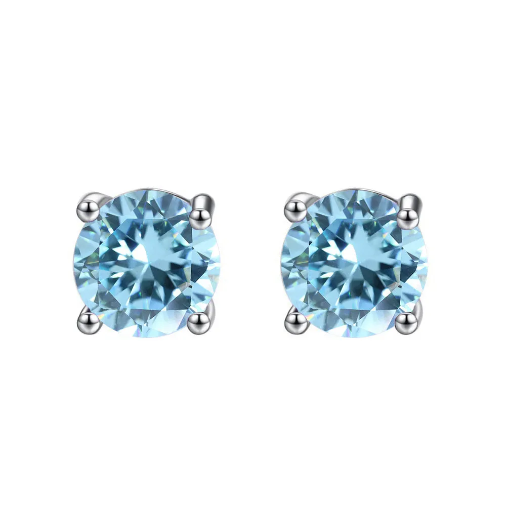 10k White Gold Plated 4 Carat Round Created Blue Topaz Sapphire Stud Earrings