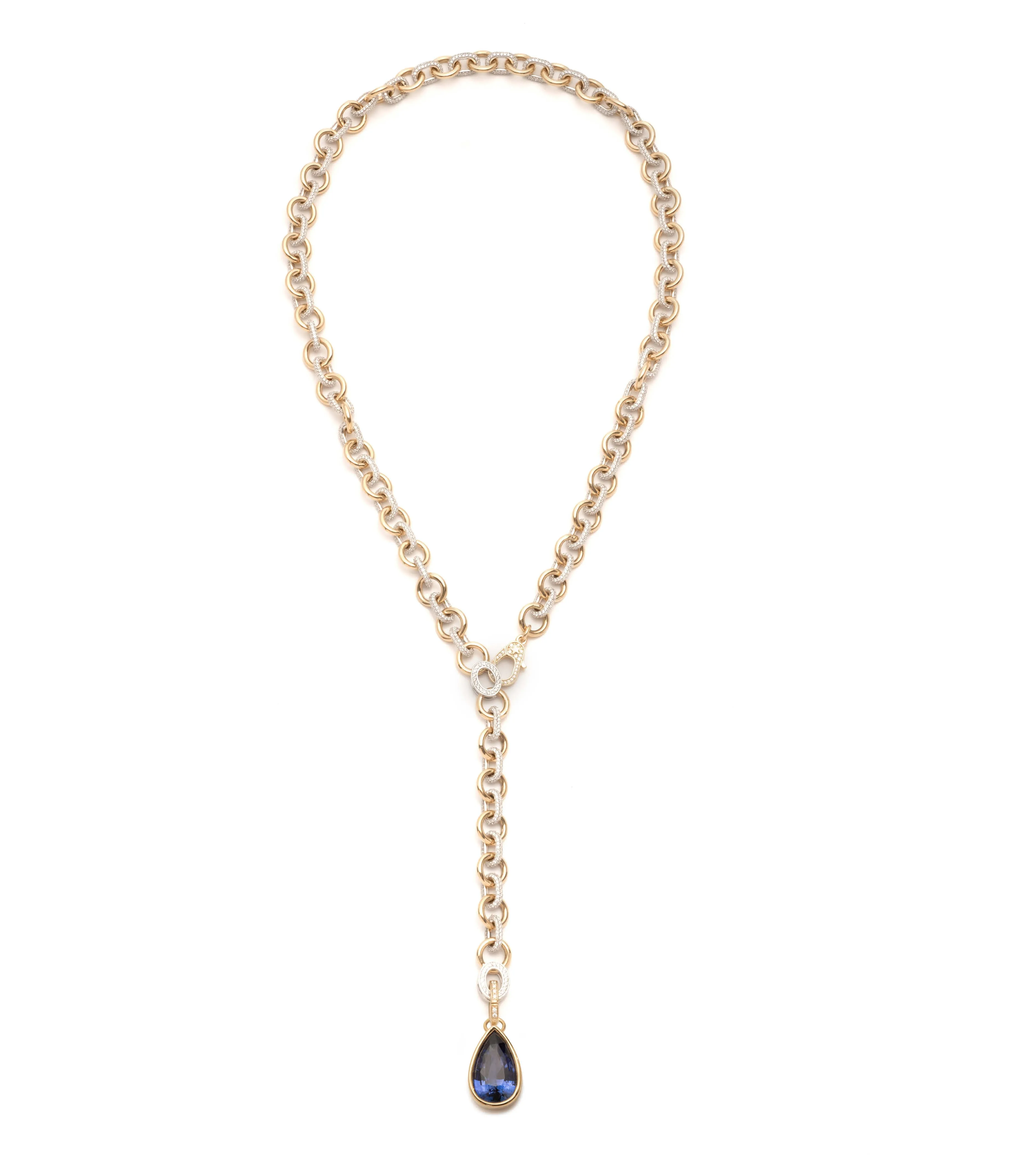 12.3 ct Blue Sapphire : One-of-a-Kind Pave Diamond Adjustable Sister Hook Necklace