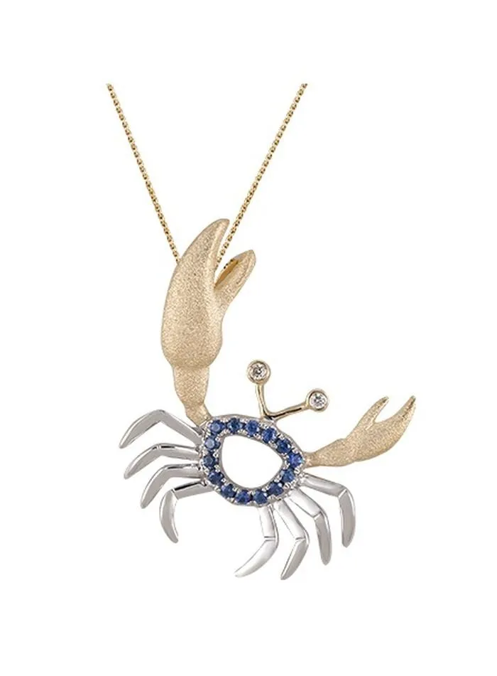 14k 2/tone Crab Pendant with 2 Diamonds and 14 Blue Sapphires