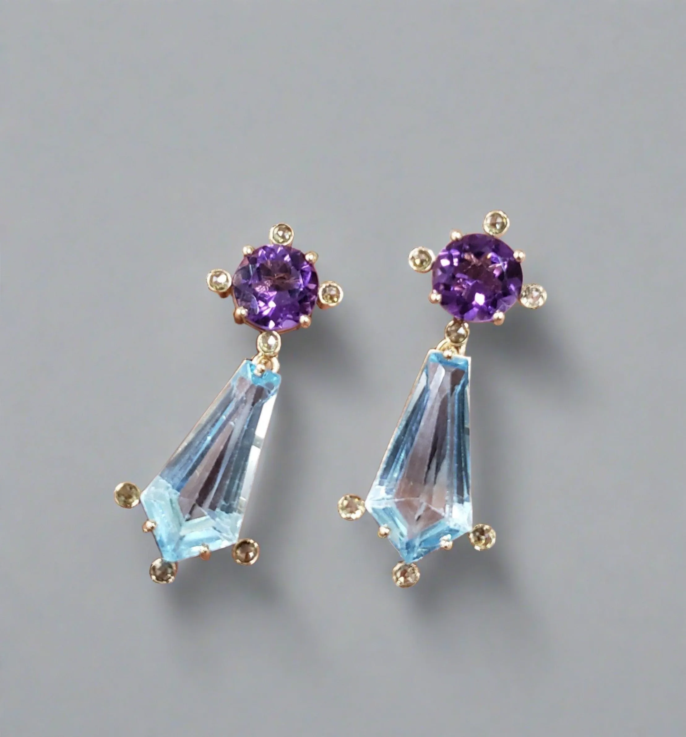 14k Gold Amethyst Stud Earrings with Sky Blue Topaz