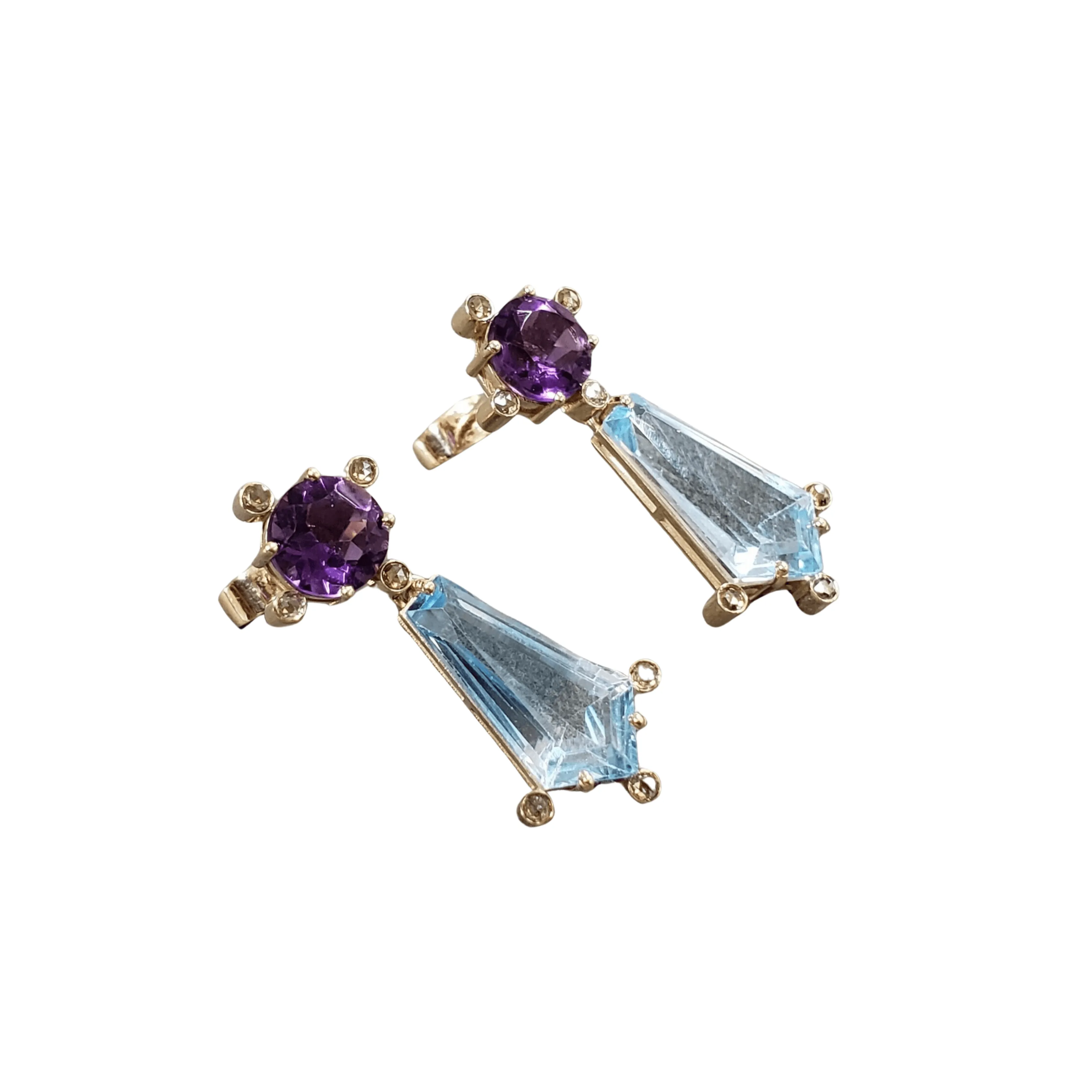 14k Gold Amethyst Stud Earrings with Sky Blue Topaz