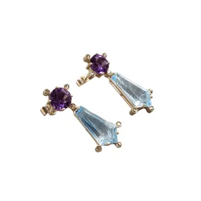 14k Gold Amethyst Stud Earrings with Sky Blue Topaz