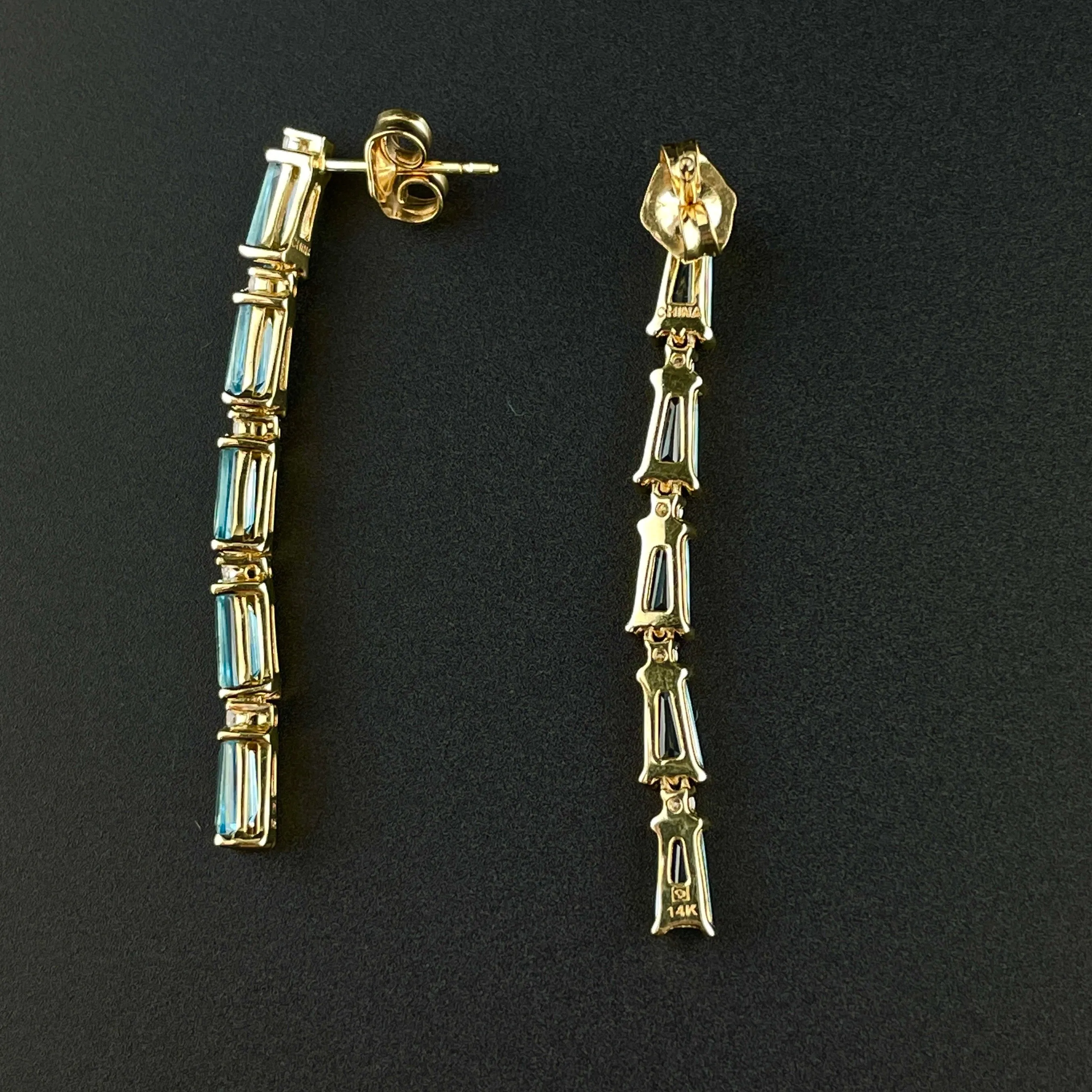 14K Gold Diamond Blue Topaz Stud Dangle Earrings