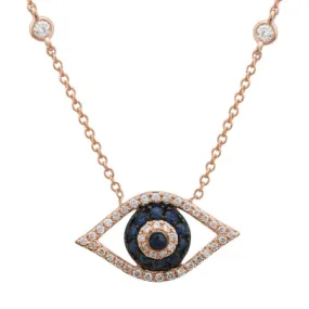 14K Rose Gold Diamond   Blue Sapphire Evil Eye Necklace