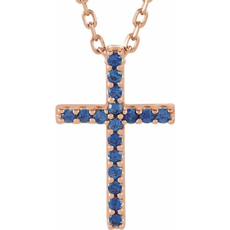 14K Rose Natural Blue Sapphire Petite Cross 16" Necklace