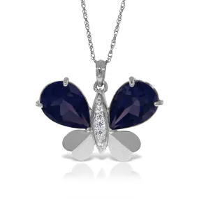 14K Solid White Gold Butterfly Necklace Natural Diamond & Sapphire