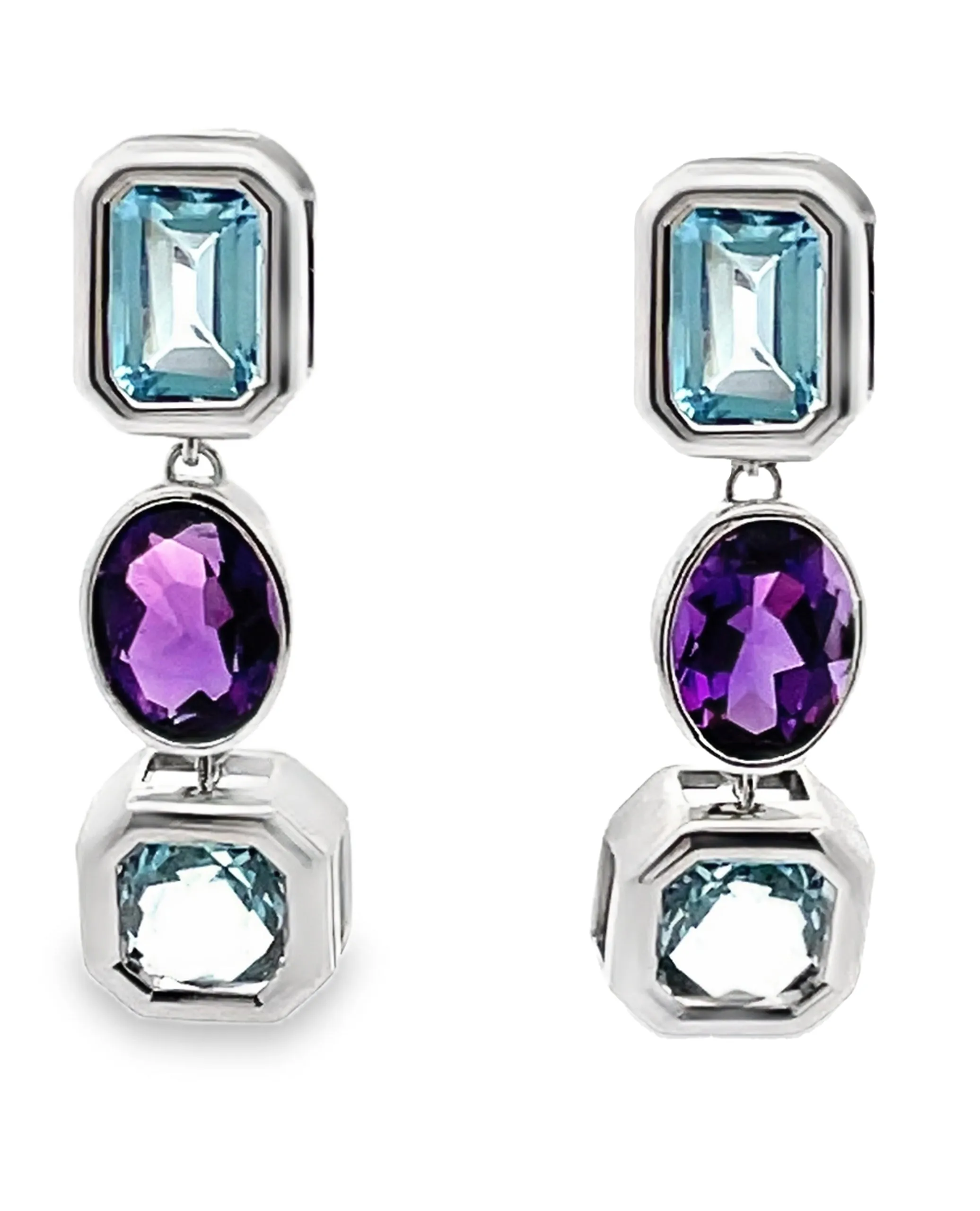 14K White Gold Amethyst & Blue Topaz Dangle Earrings