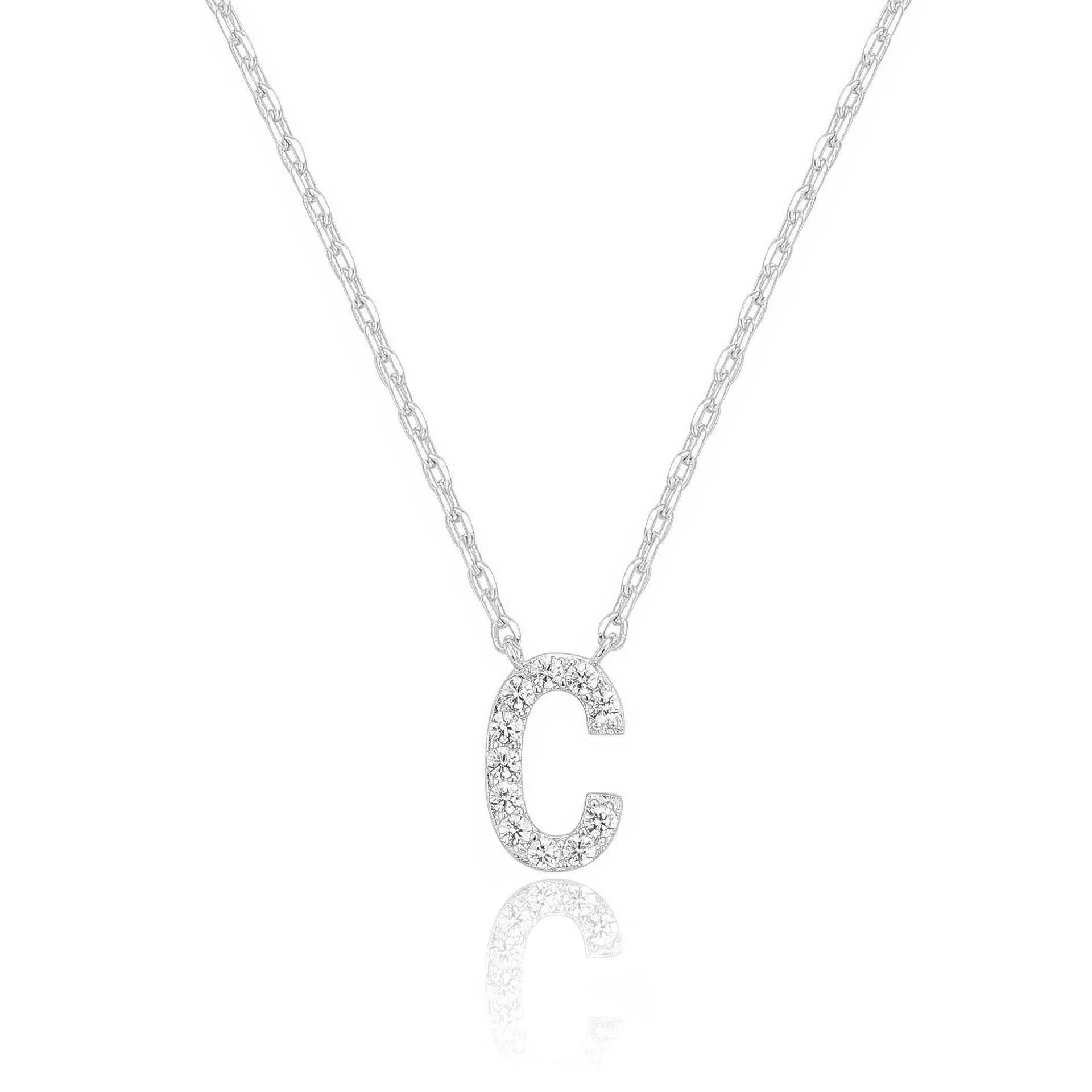 14k White Gold Created White Sapphire Initial C Letter Pendant Necklace Plated