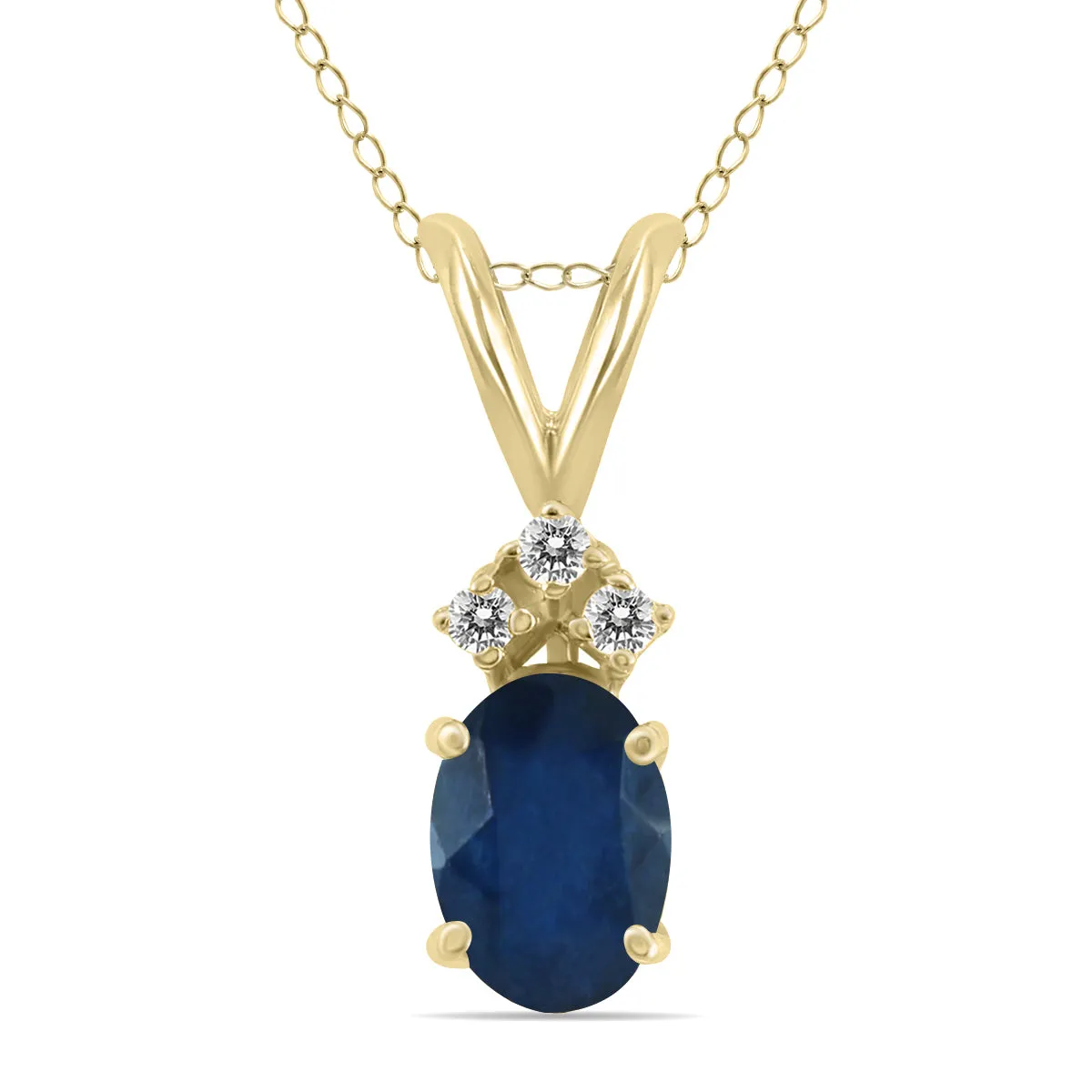 14K Yellow Gold 6X4Mm Oval Sapphire And Three Stone Diamond Pendant