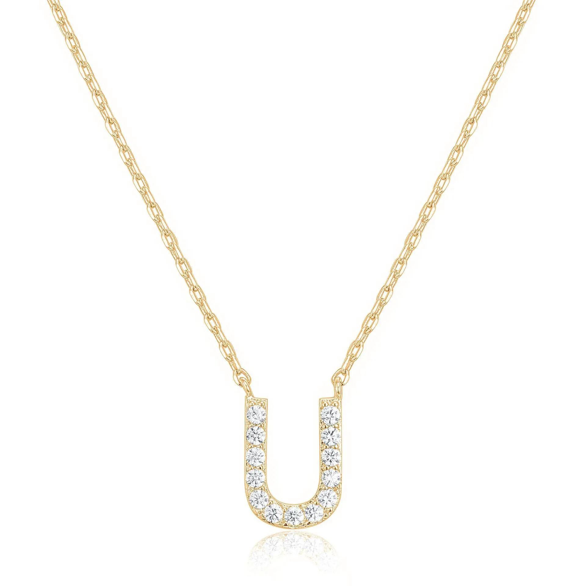 14k Yellow Gold Created White Sapphire Initial U Letter Pendant Necklace Plated