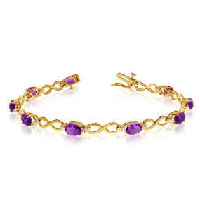 14K Yellow Gold Oval Amethyst Stones And Diamonds Infinity Tennis Bracelet, 7"