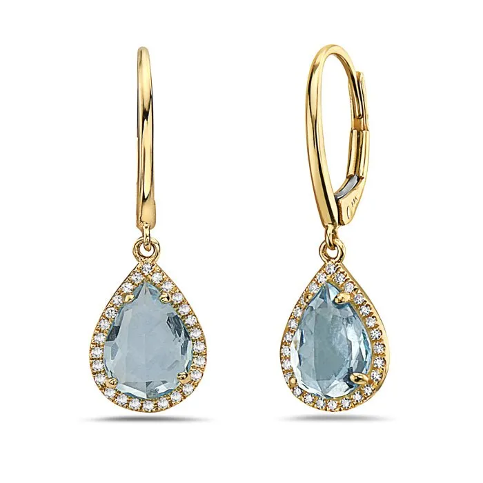 14K Yellow Gold Pear Shape Blue Topaz And Diamond Earring