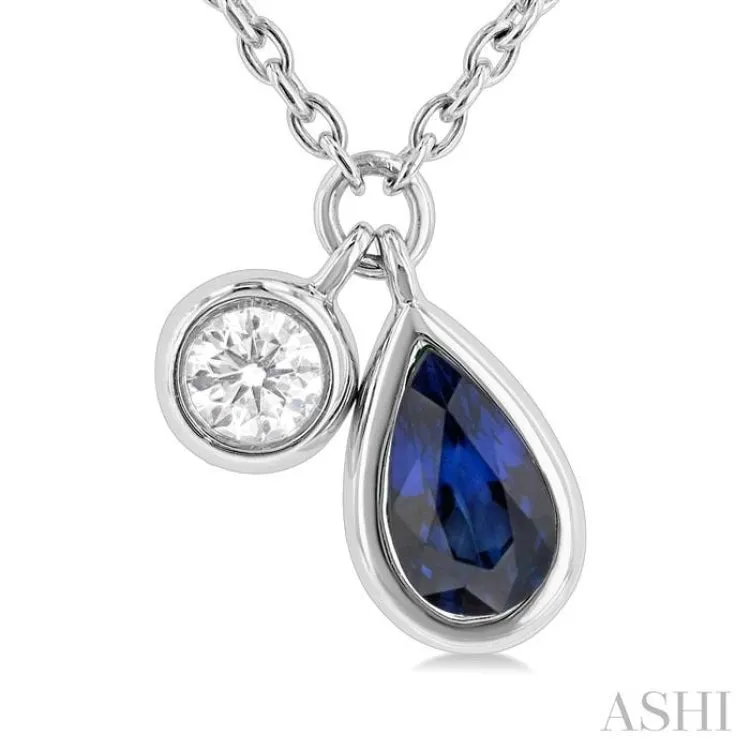 1/50 ctw Pear Cut 6X4MM sapphire and Bezel Set Round Cut Diamond Precious Necklace in 10K White Gold