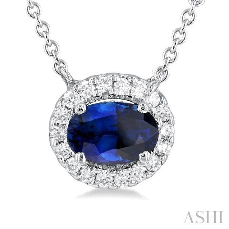 1/6 ctw East West 6X4MM Oval Cut Sapphire and Round Cut Diamond Halo Precious Necklace in 14K White Gold