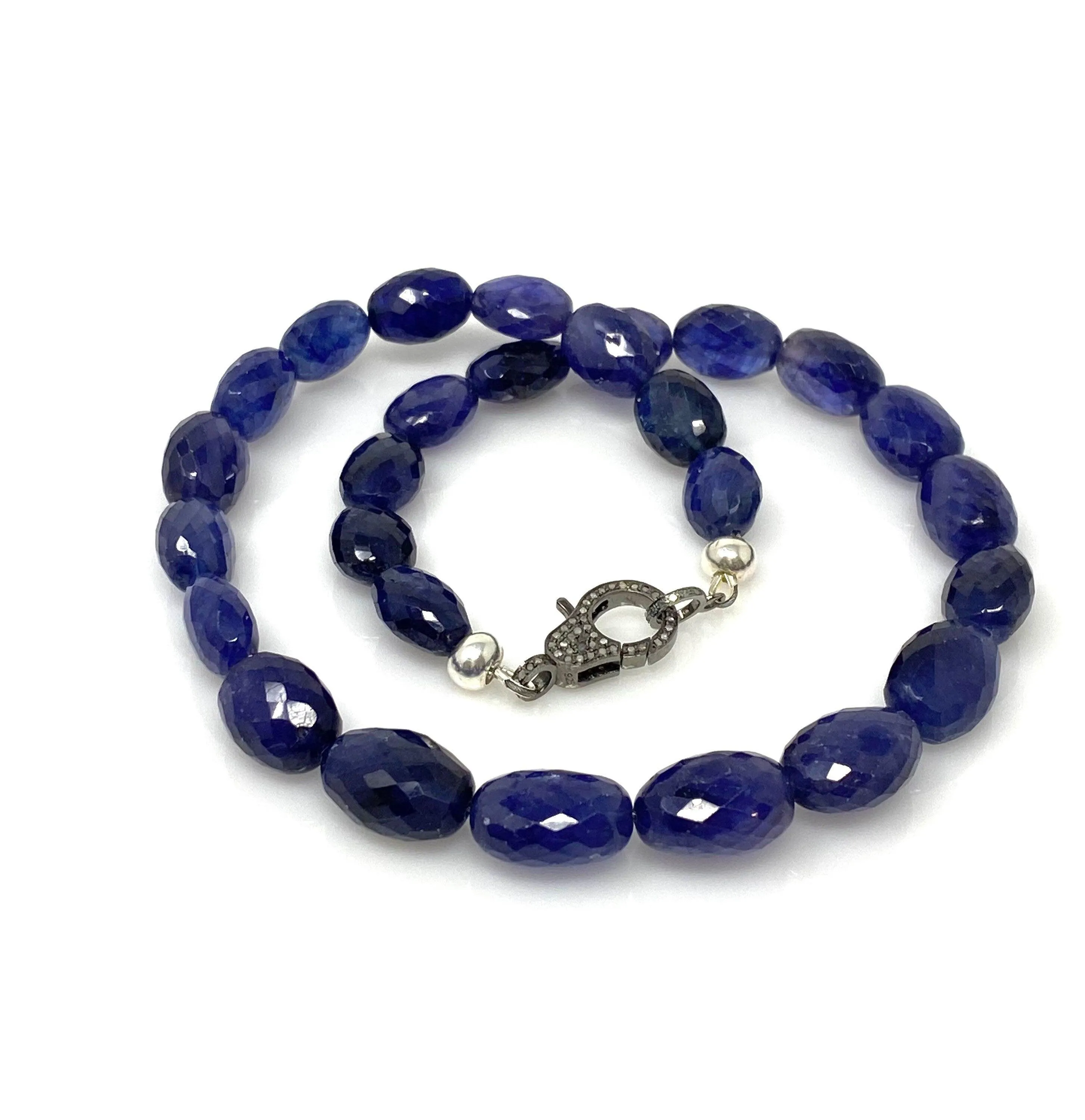 16.85” Genuine Blue Sapphire Necklace with Pave Diamond Clasp, Natural