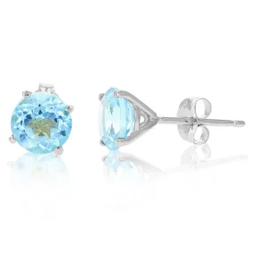 1.80 cttw 6 MM Blue Topaz Stud Earrings 14K White Gold Round Cut with Push Backs December Birthstone