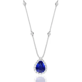 18K Gold Sapphire Pear Shaped With Diamond Halo Pendant Necklace