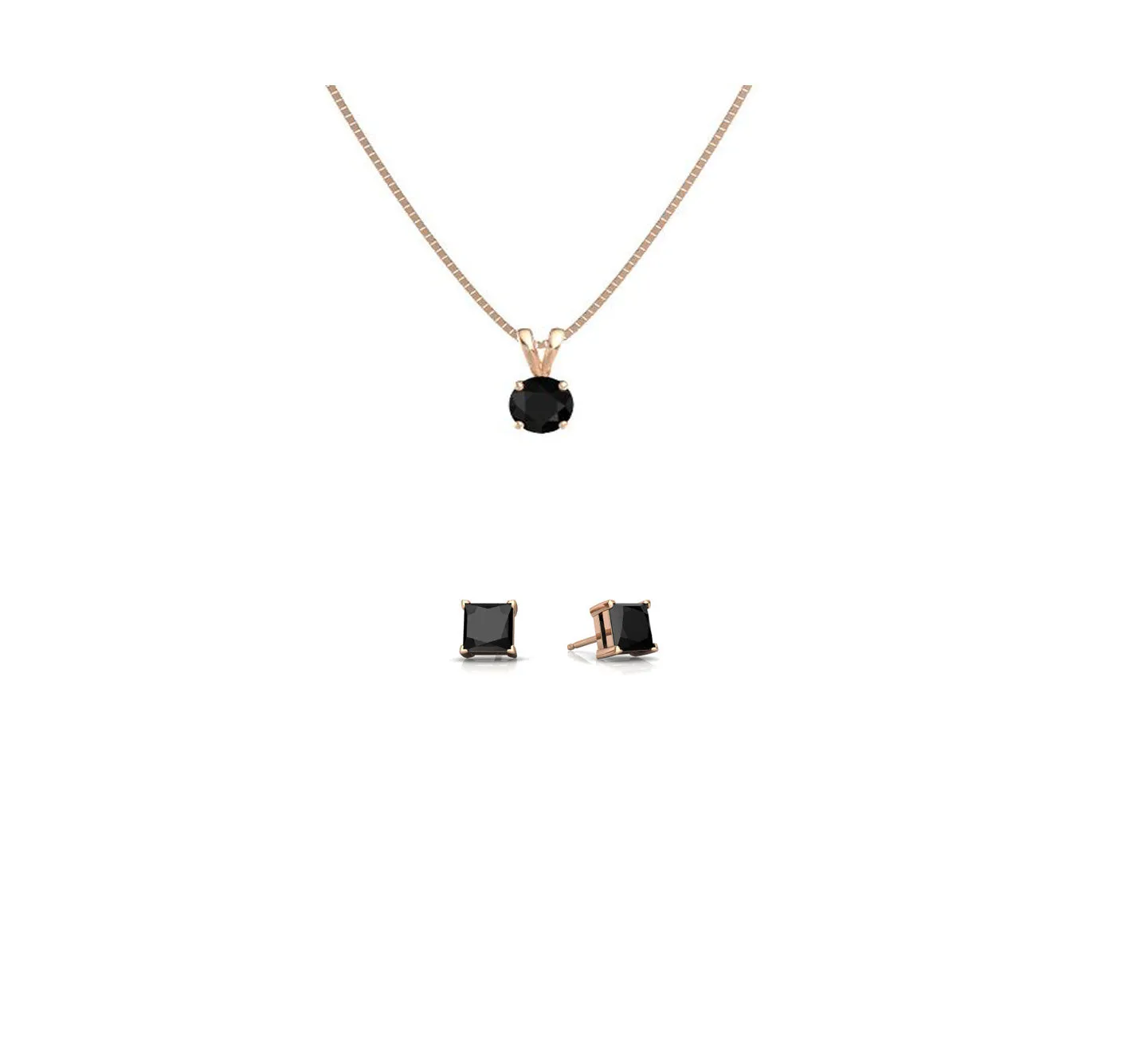 18K Rose Gold 1/2ct Black Sapphire Round 18 Inch Necklace and Square Earrings Set Plated