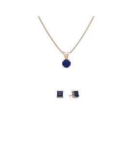 18K Rose Gold 2ct Blue Sapphire Round 18 Inch Necklace and Square Earrings Set Plated