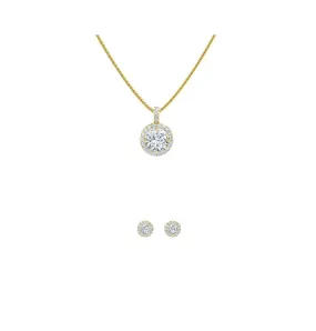 18K Yellow Gold 1ct Halo White Sapphire Round 18 Inch Necklace and Halo Earrings Set Plated