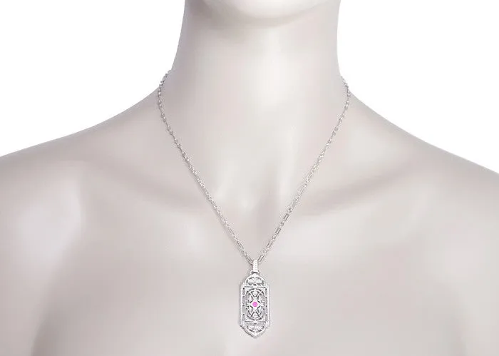 1920's Pink Sapphire Pendant in Sterling Silver - Vintage Style Art Deco Filigree Necklace