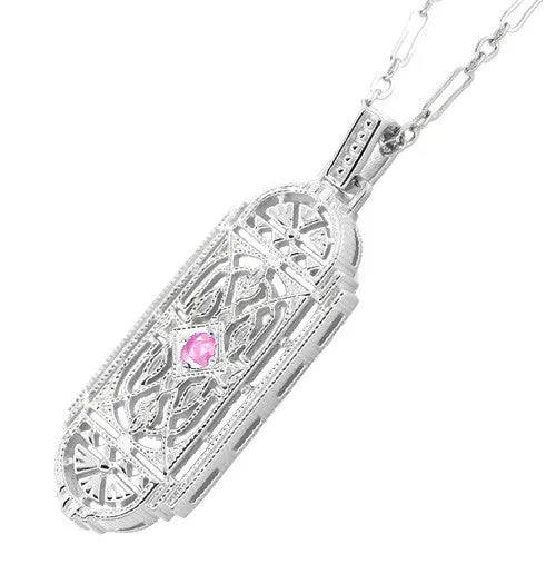 1920's Pink Sapphire Pendant in Sterling Silver - Vintage Style Art Deco Filigree Necklace