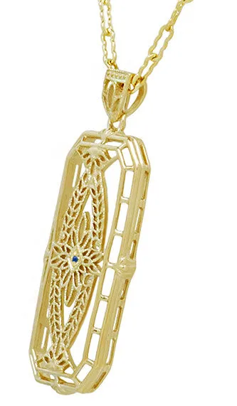 1930's Vintage Inspired Filigree Sapphire Ichthus Pendant in Yellow Gold Vermeil Over Sterling Silver