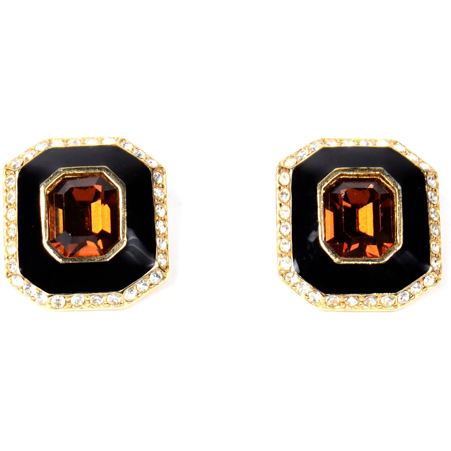 1980s Ciner Black & Gold Vintage Earrings w/ Rhinestones & Topaz Crystal