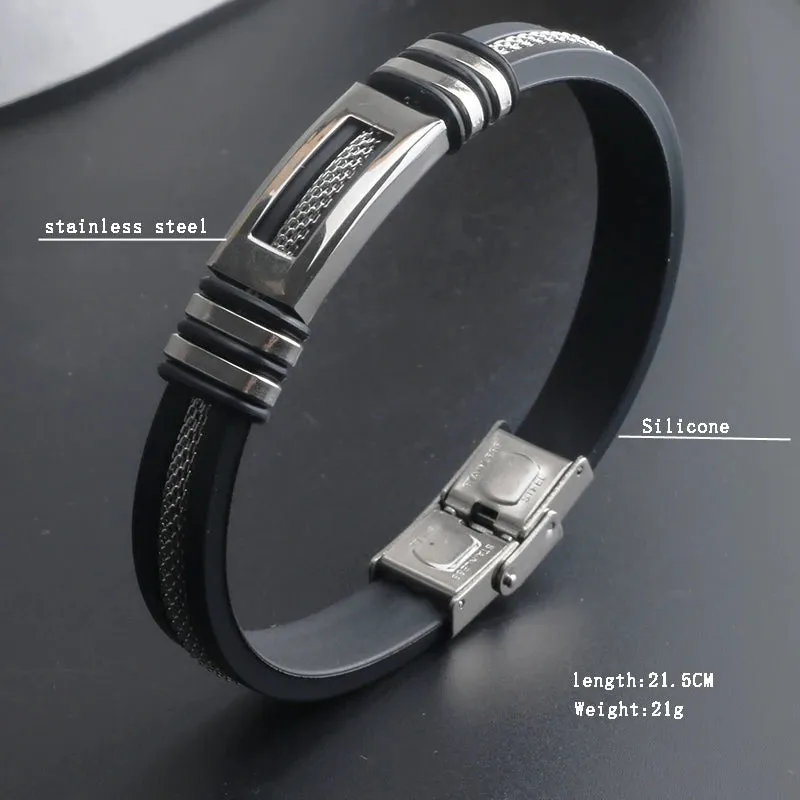 2021 Fashion Glamour Jewelry Stainless Steel Silicone Popcorn Chain Bracelet Retro Titanium Steel Cuff Rubber Bracelet for Men