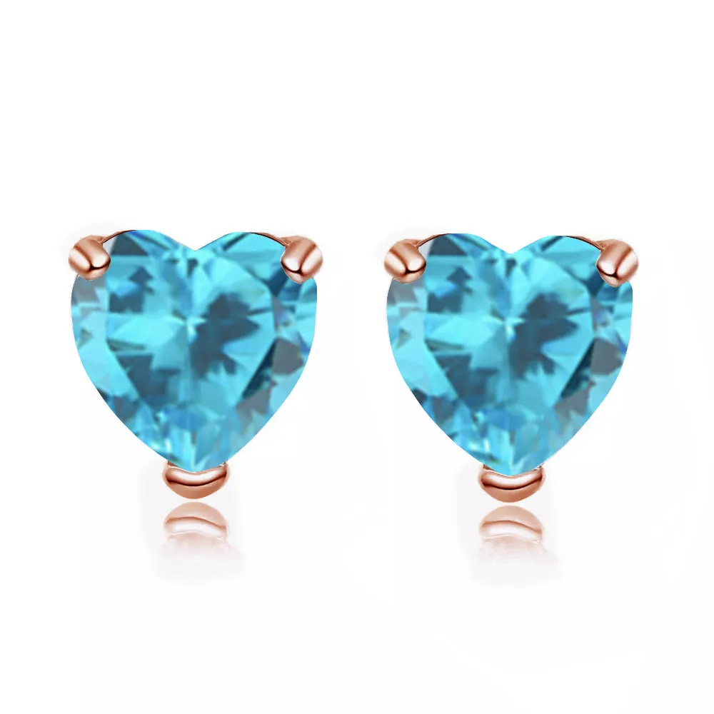 24k Rose Gold Plated 1/2 Carat Heart Created Blue Topaz Sapphire Stud Earrings