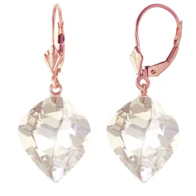 25.6 Carat 14K Solid Rose Gold Leverback Earrings Twisted Briolette White Topaz