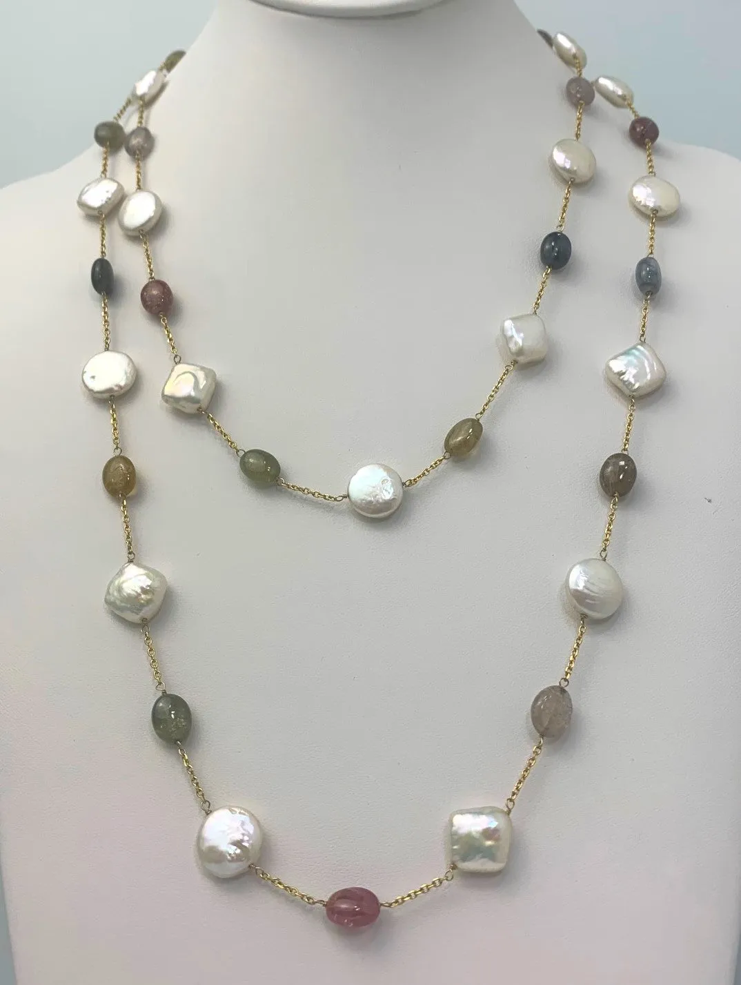 46" Sapphire and Coin Pearl Station Necklace in 14KY - NCK-104-TNCPRLGM14Y-WHSAP-46