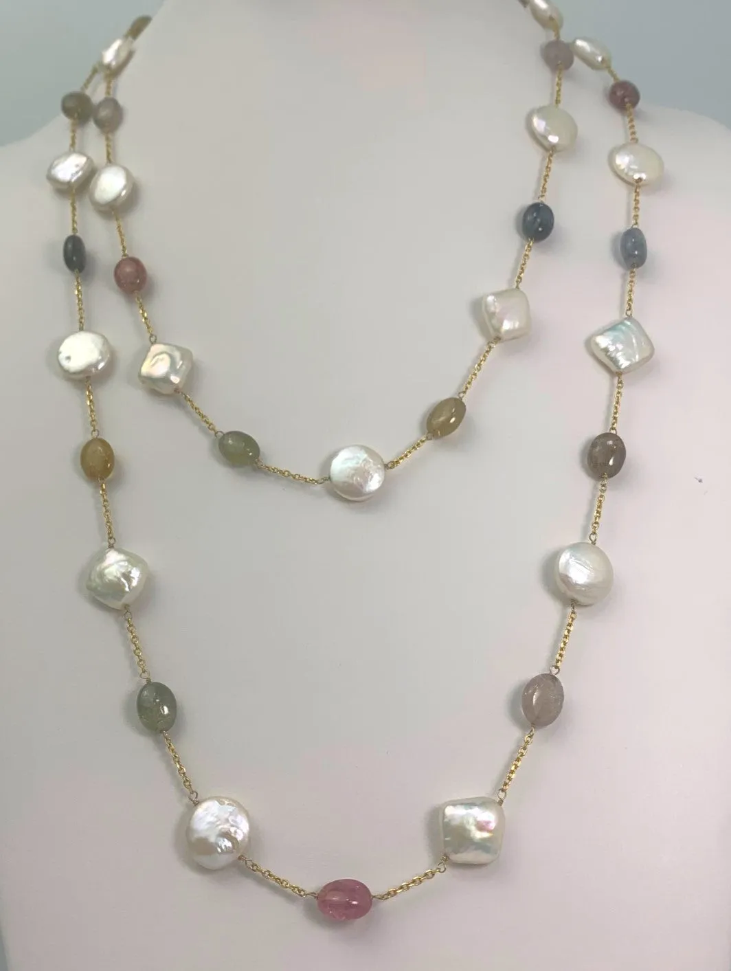 46" Sapphire and Coin Pearl Station Necklace in 14KY - NCK-104-TNCPRLGM14Y-WHSAP-46