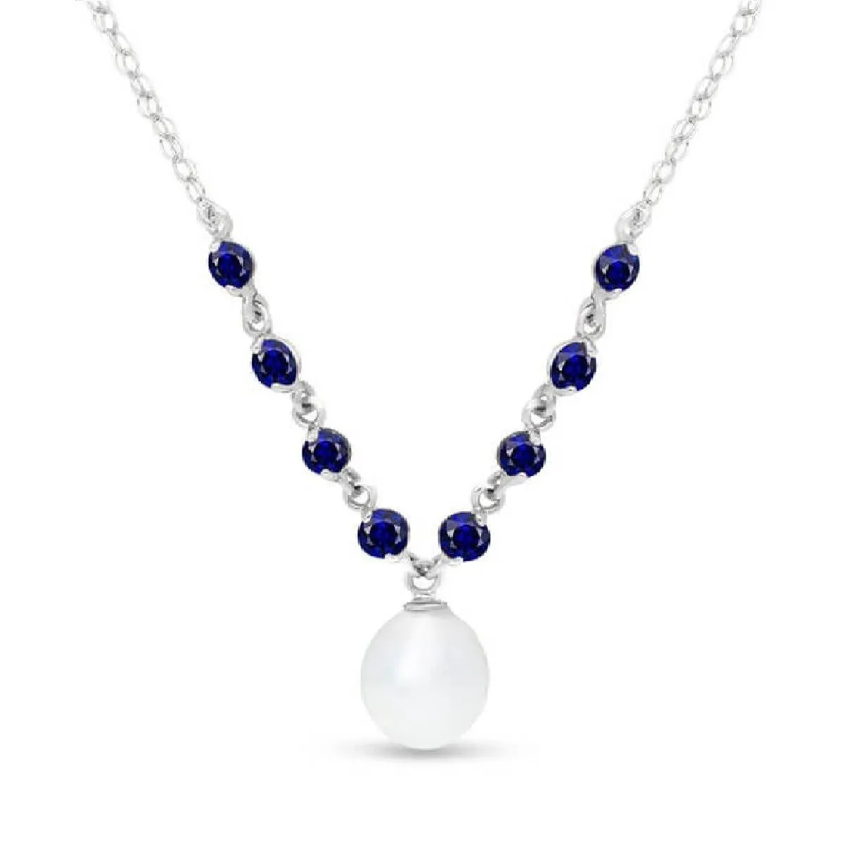 5 Carat 14K Solid White Gold Necklace Natural Sapphire Pearl