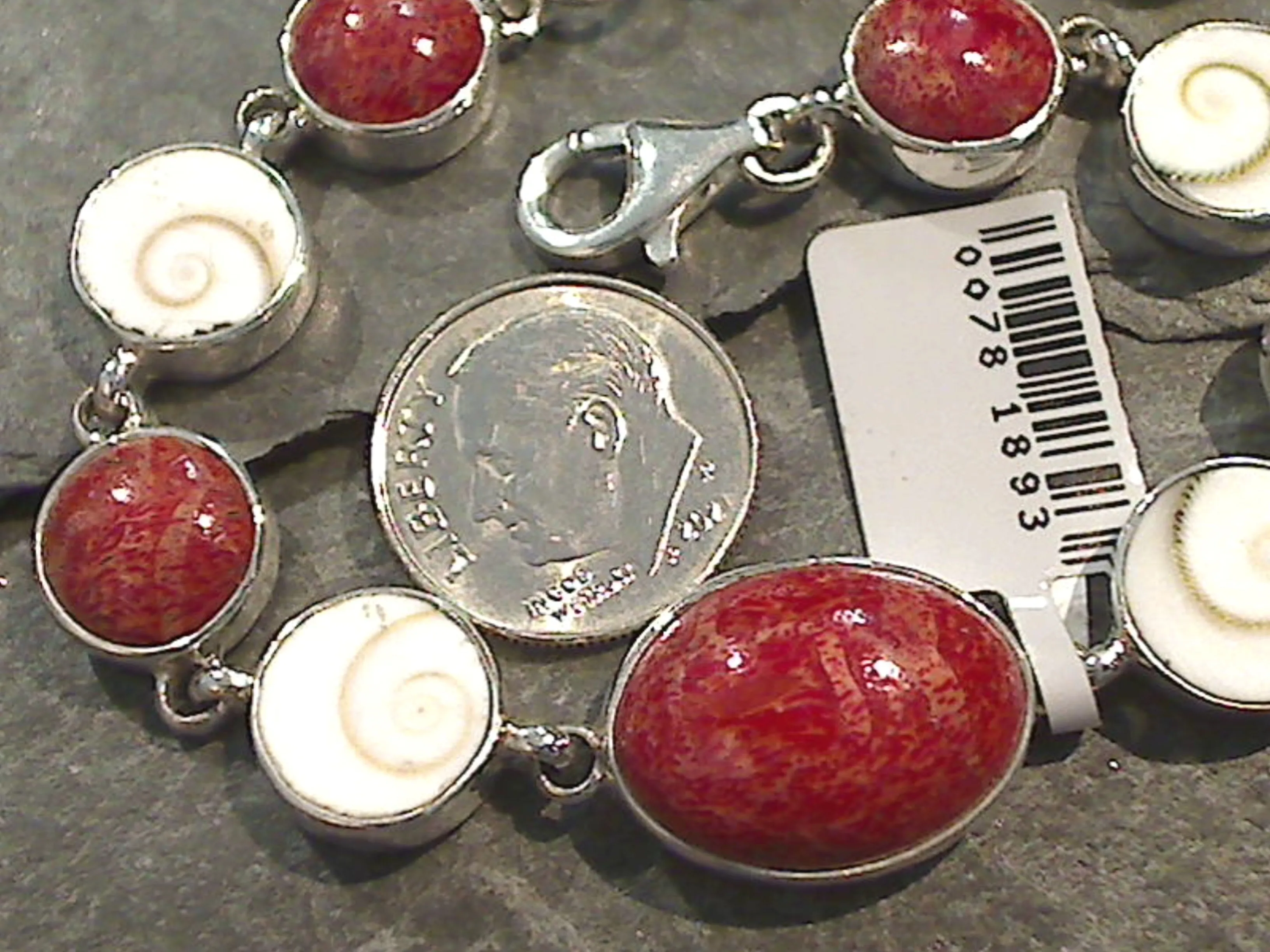 6.75" - 7.5" Coral, Shiva's Eye Shell, Sterling Silver Bracelet