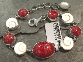 6.75" - 7.5" Coral, Shiva's Eye Shell, Sterling Silver Bracelet