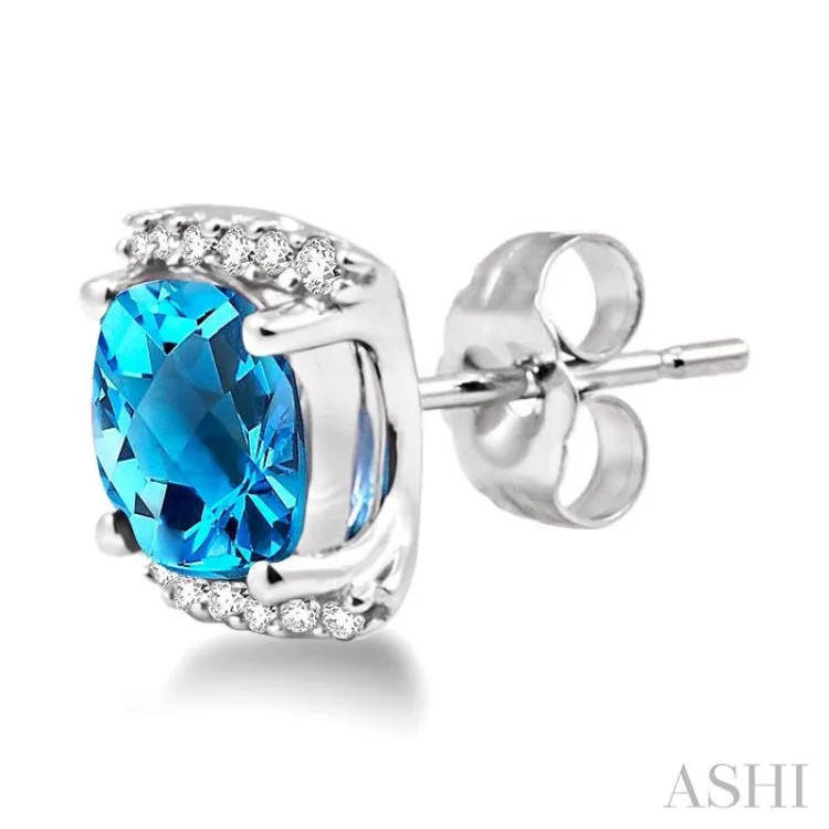 6x6mm Cushion Cut Blue Topaz and 1/10 Ctw Round Cut Diamond Earrings in 14K White Gold