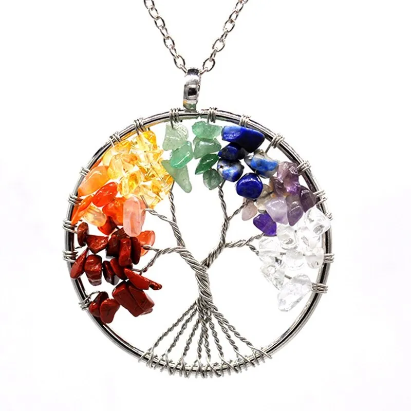 7 Chakra Quartz Natural Stone Tree of Life pendulum Pendant Necklace for Women  Healing Crystal Necklaces