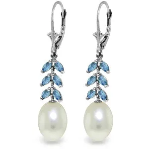 9.2 Carat 14K Solid White Gold Blue Moon Blue Topaz Pearl Earrings