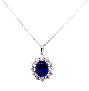 9ct White Gold Princess Di Sapphire And Cz Necklace