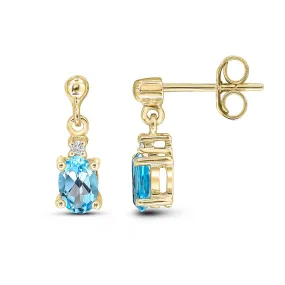 9ct Yellow Gold Oval Swiss Blue Topaz And Diamond Drop Earrings