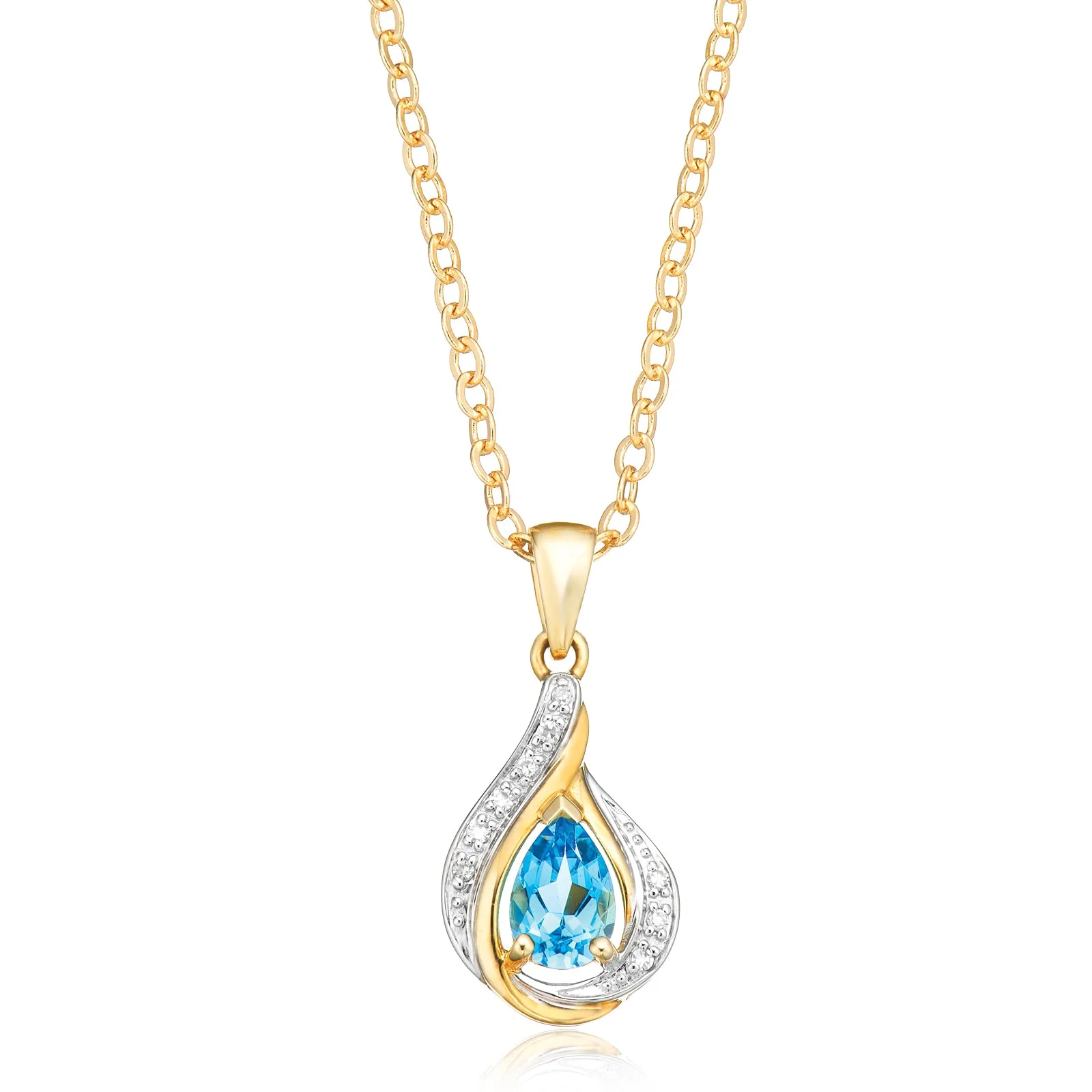 9ct Yellow Gold Pear Cut 6x4 mm Blue Topaz Diamond Set Pendant