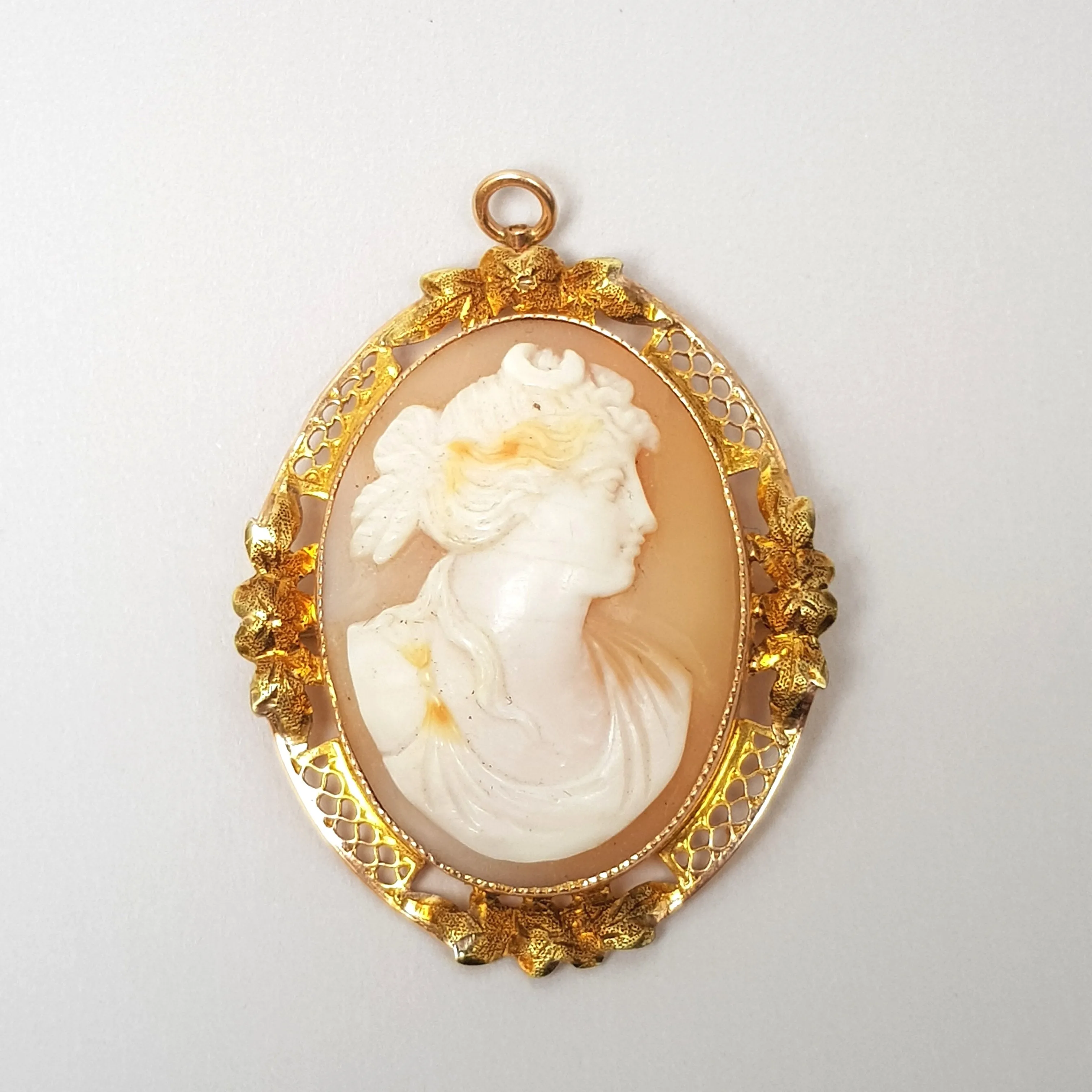 9k Gold Hand Carved Shell Cameo Brooch Pendant Nyx Goddess Of Night Antique Circa 1910