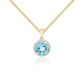 9K Yellow Gold Blue Topaz & Diamond Halo Pendant