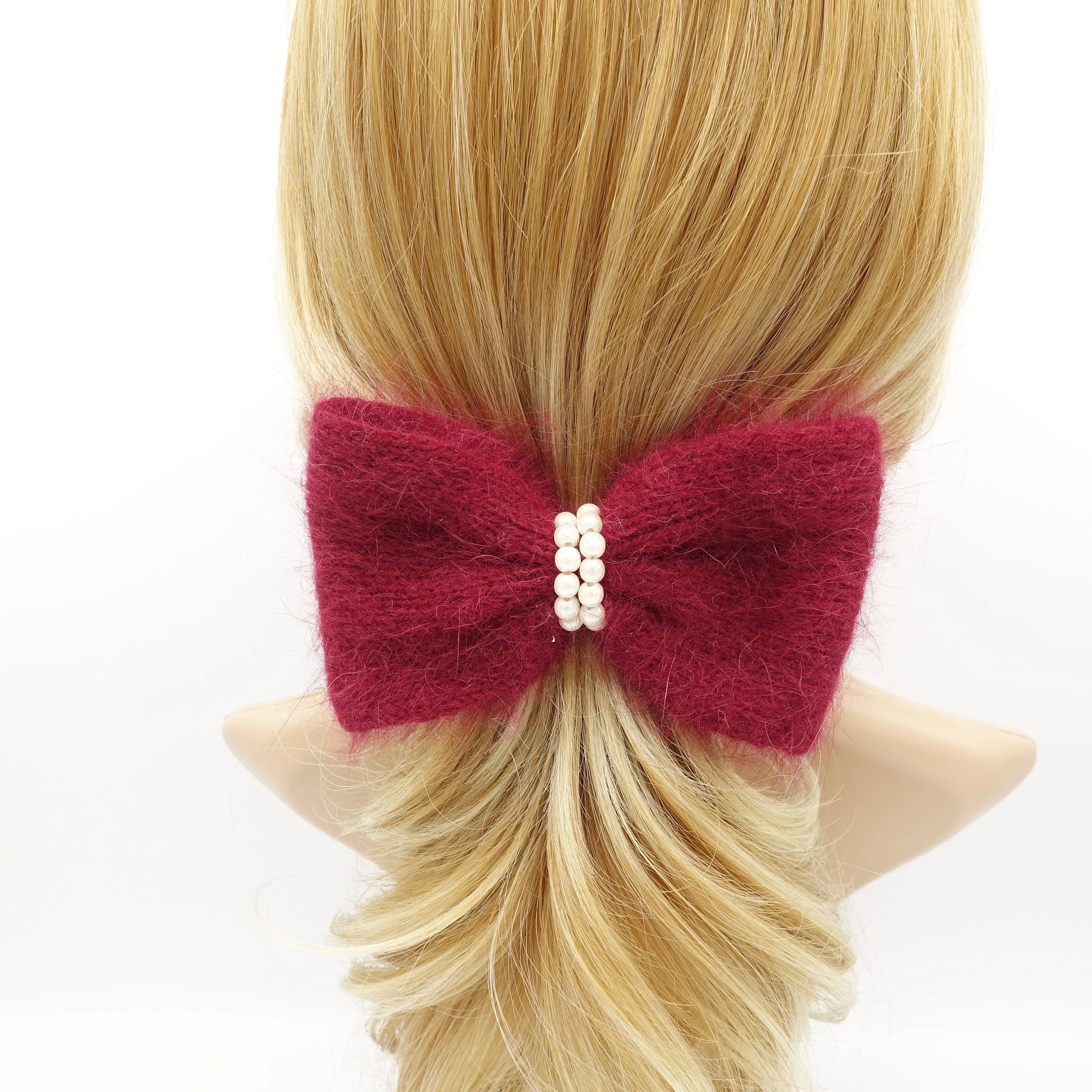 angora hair bow pearl embellished Fall Winter women hair barrette