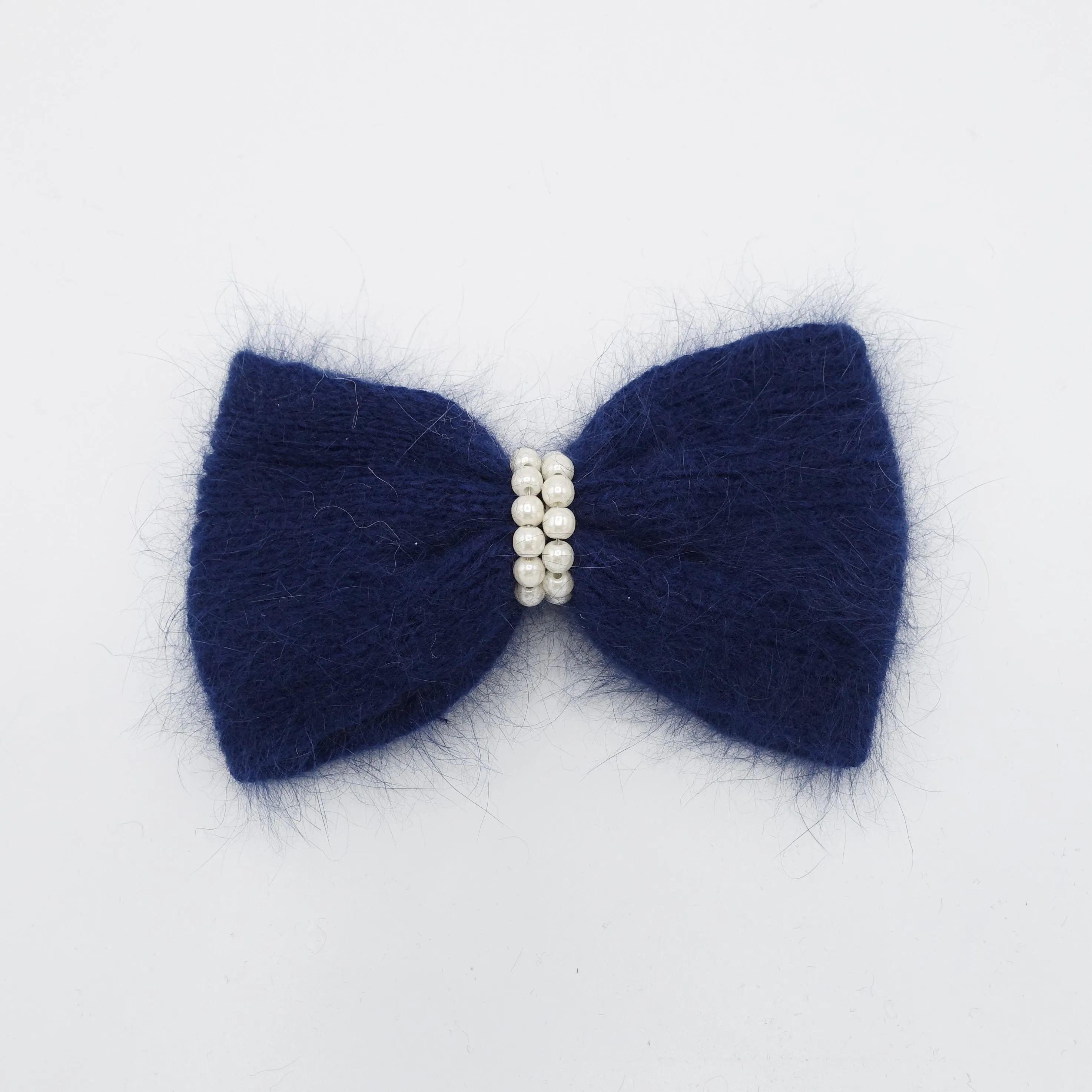 angora hair bow pearl embellished Fall Winter women hair barrette