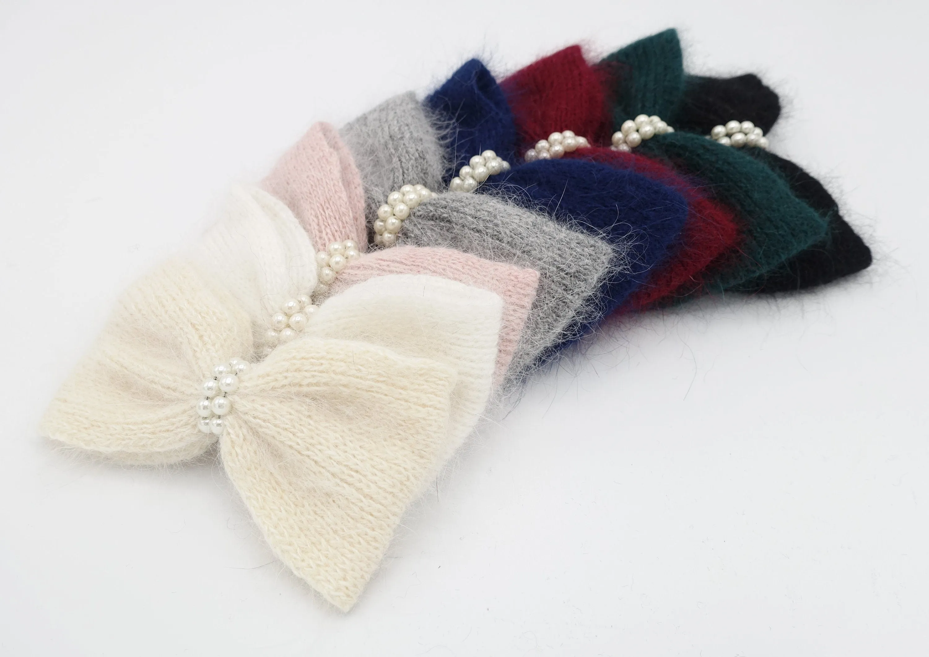 angora hair bow pearl embellished Fall Winter women hair barrette