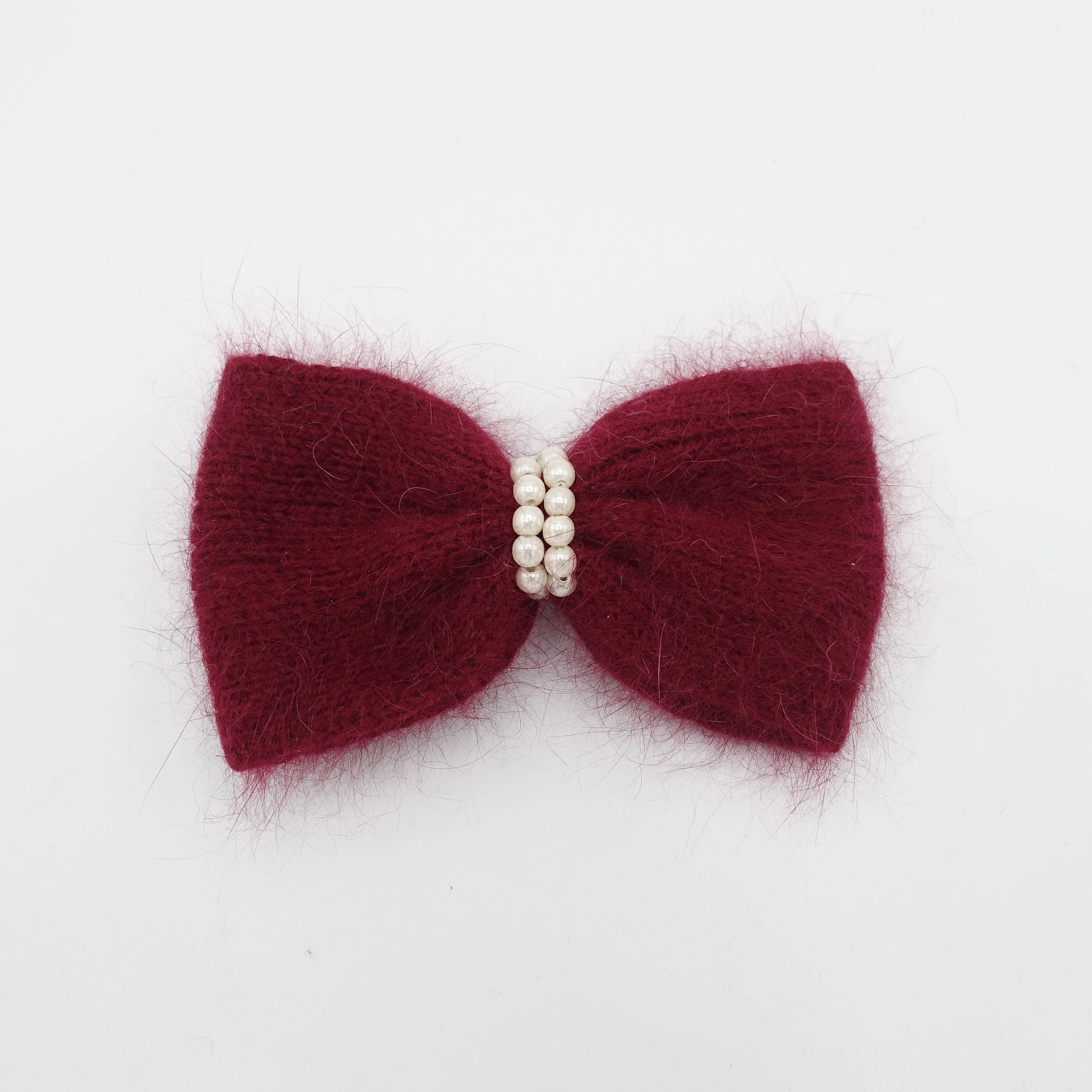 angora hair bow pearl embellished Fall Winter women hair barrette